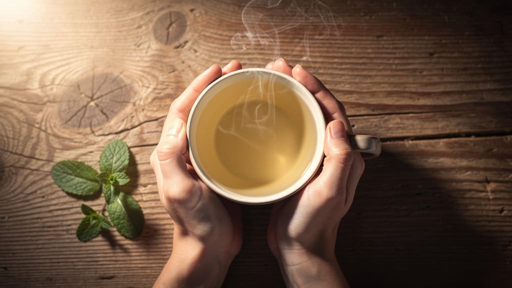 Hands mindfully holding warm tea cup
