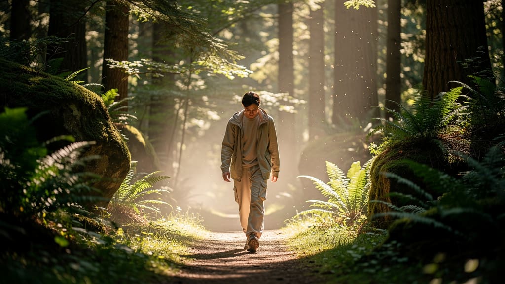 Person walking mindfully through peaceful forest setting