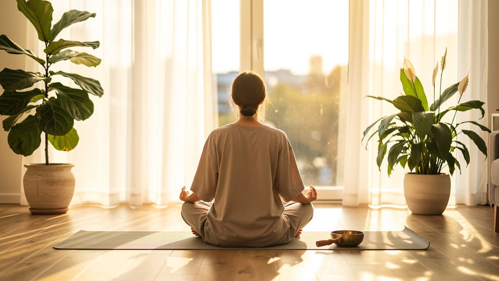 Person meditating in peaceful sunlit room with plants