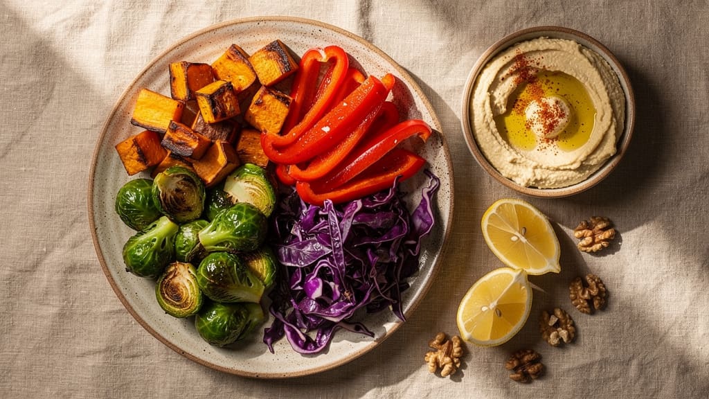 Colorful plant-based meal with roasted vegetables and healthy fats
