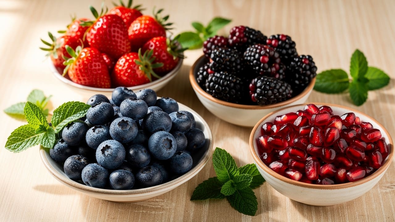 Fresh berries and pomegranate in bowls