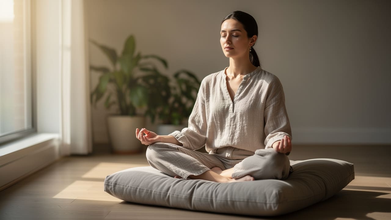 Person practicing mindfulness meditation in peaceful setting