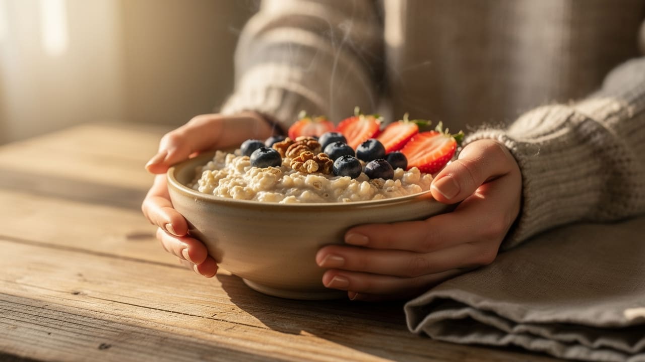 Hands holding nutritious oatmeal breakfast bowl