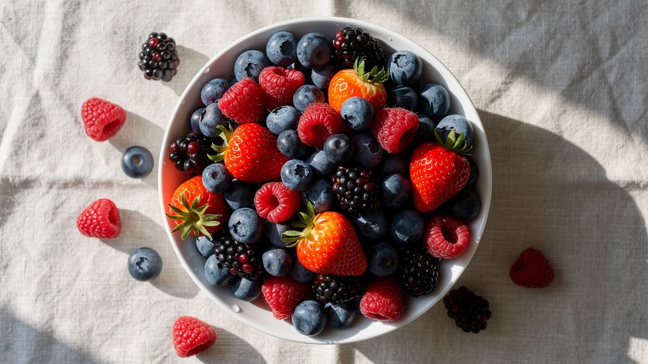 Bowl of fresh mixed berries including blueberries and strawberries