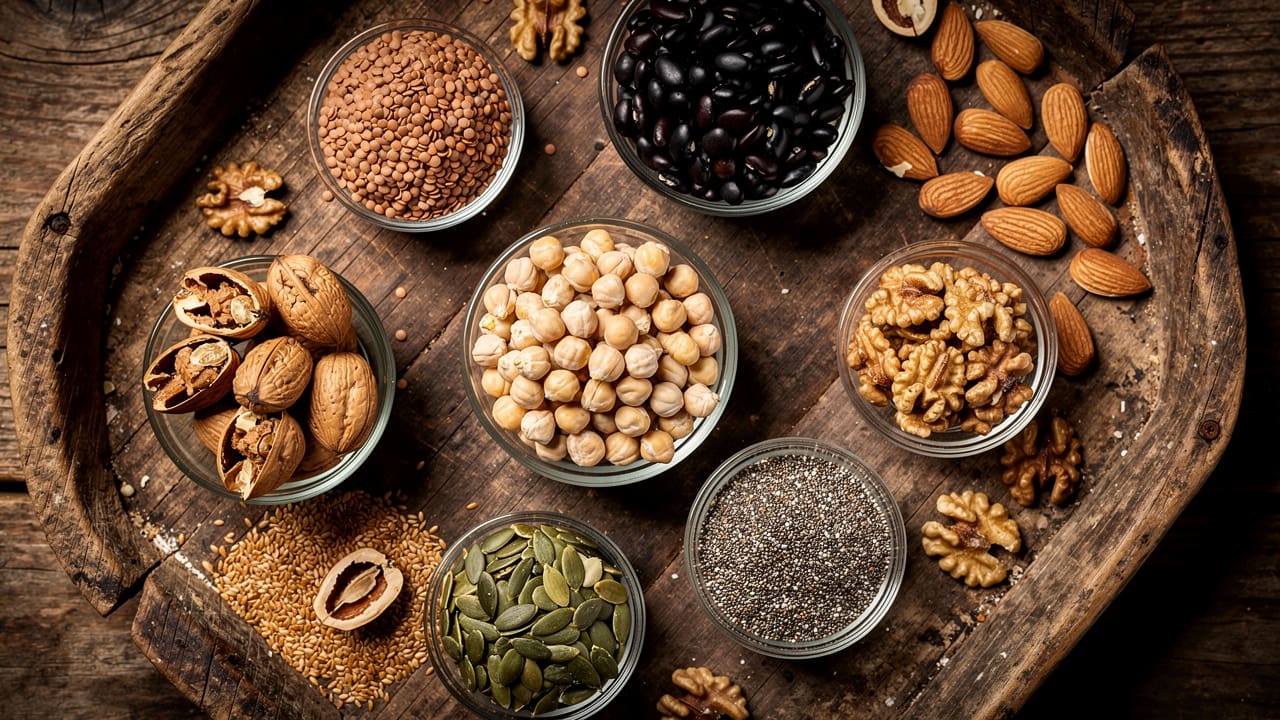 Variety of legumes, nuts, and seeds arranged naturally