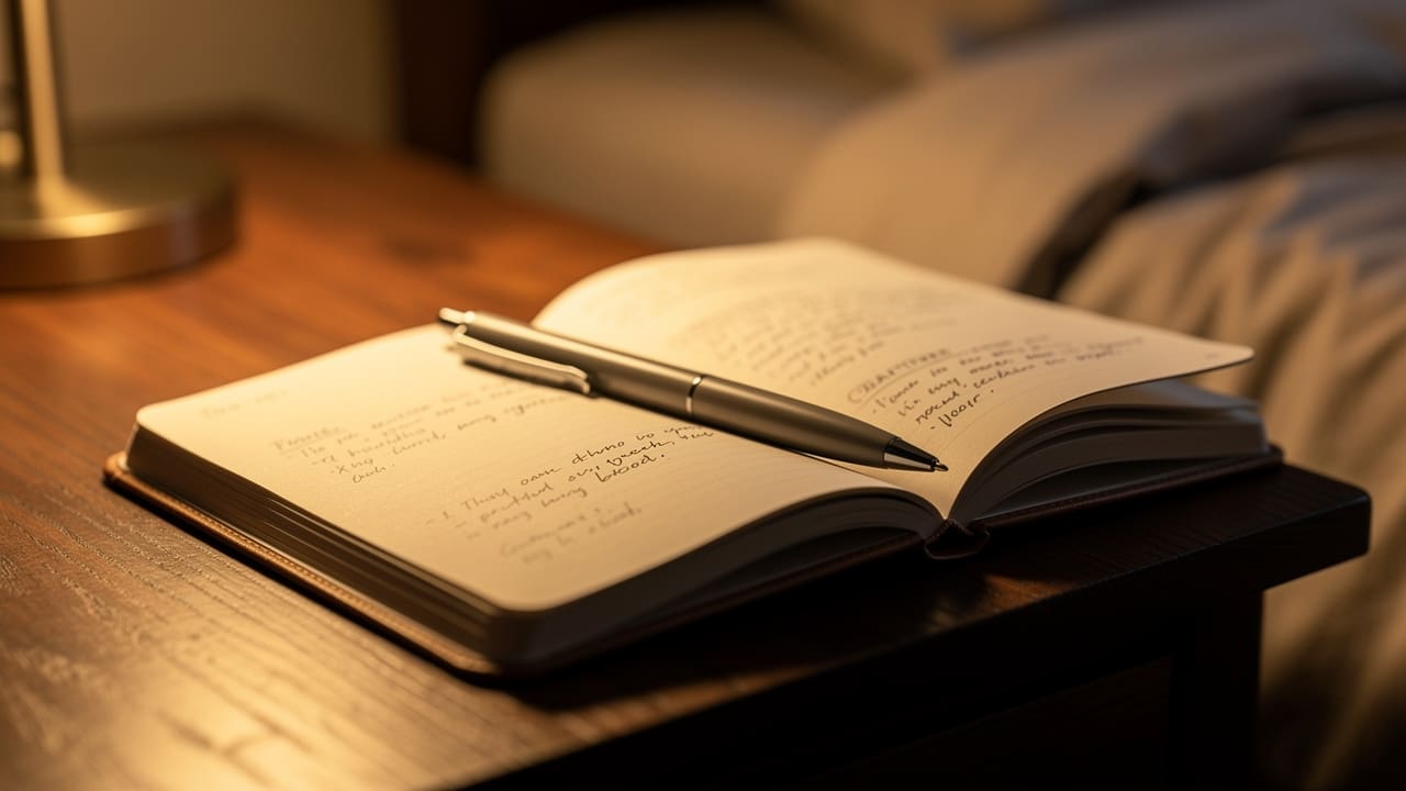 Open journal with pen on bedside table
