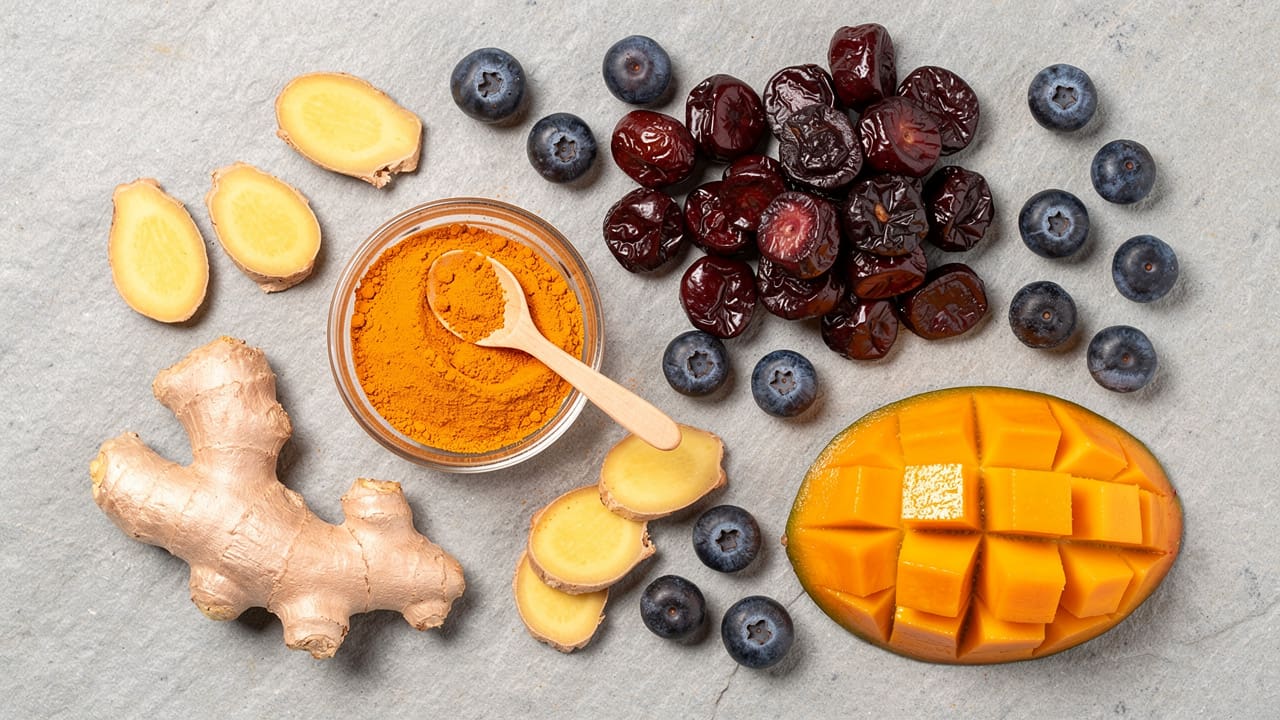 Turmeric, ginger, berries and mango arranged on stone surface