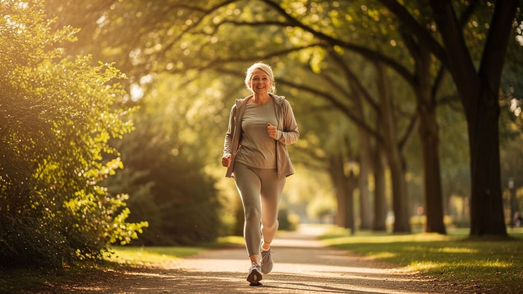 Woman walking outdoors on peaceful tree-lined path