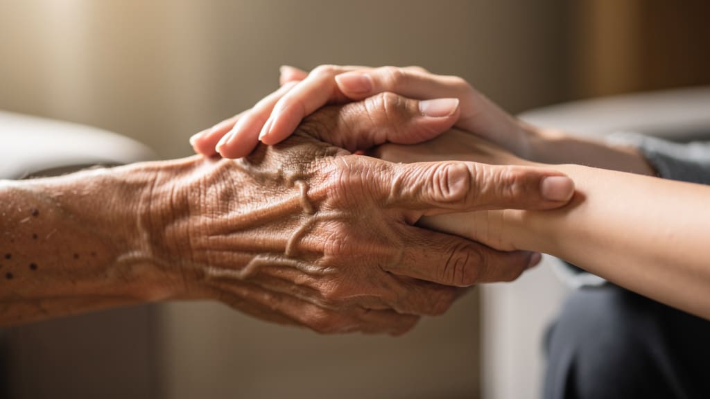 Two hands clasped together showing support and care