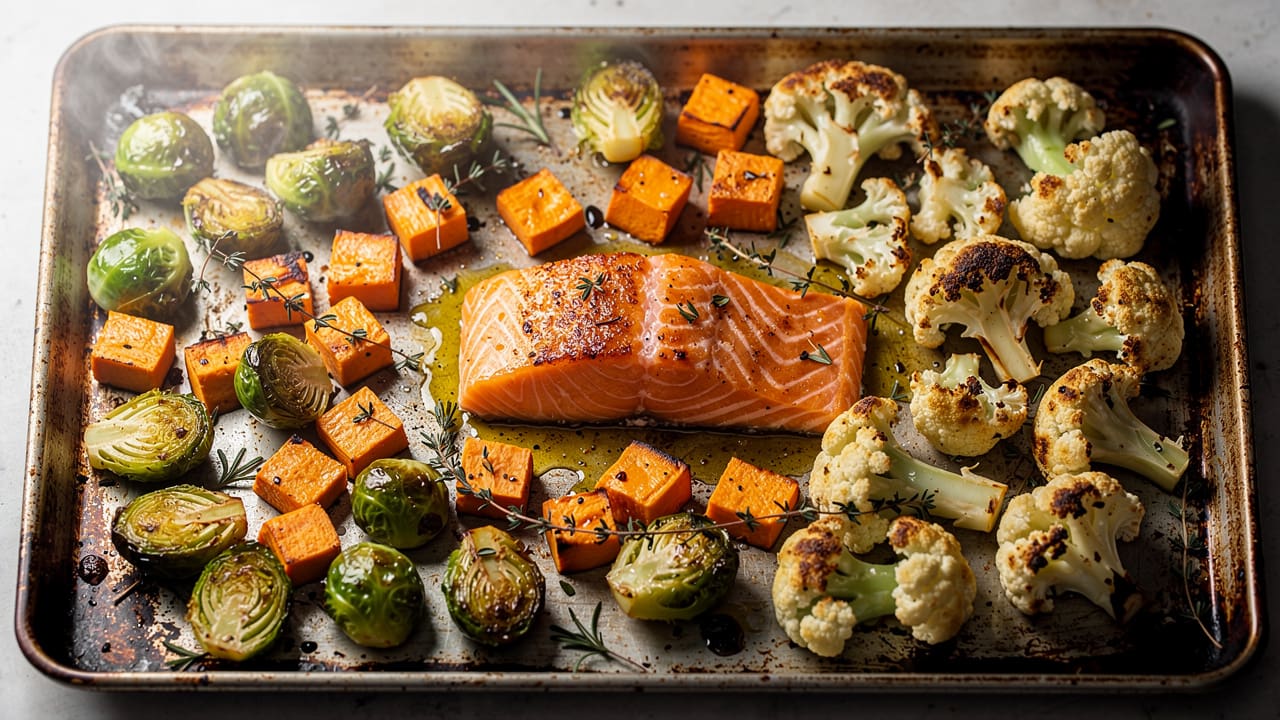 Sheet pan dinner with salmon and roasted vegetables