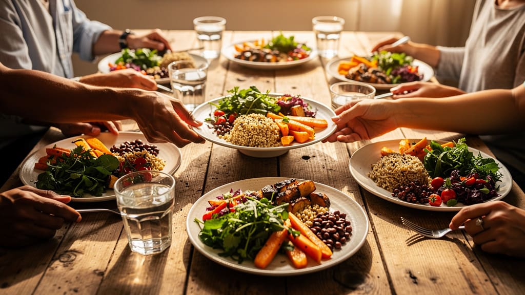 Diverse group sharing healthy plant-based meal together