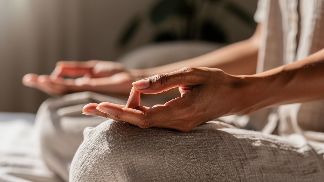 Hands in peaceful meditation pose during stress relief practice