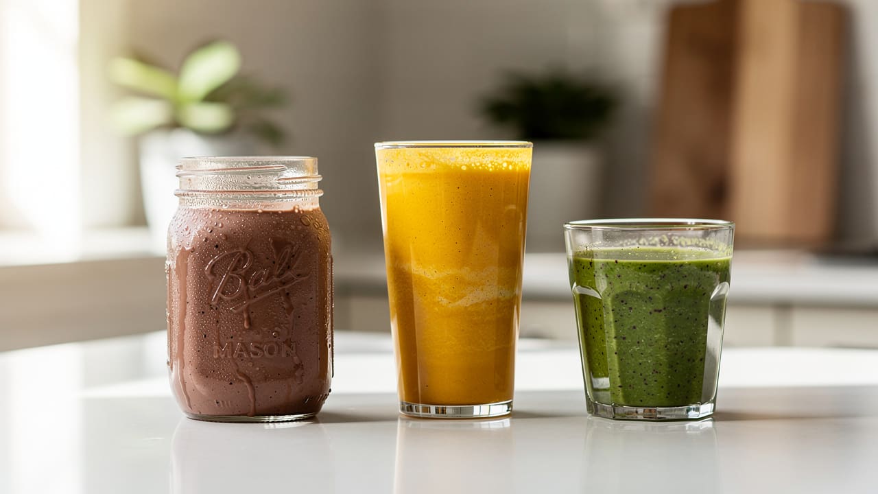 Three colorful smoothies in different glasses on kitchen counter