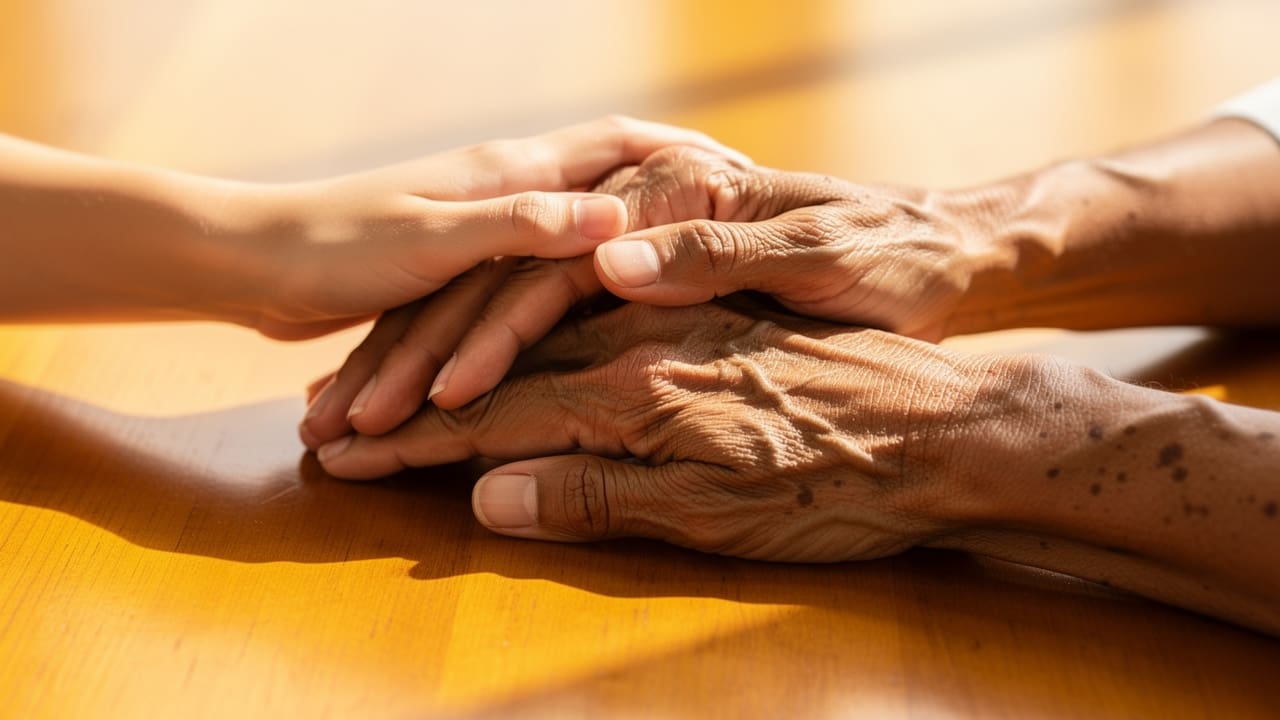 Multiple hands forming circle representing community support