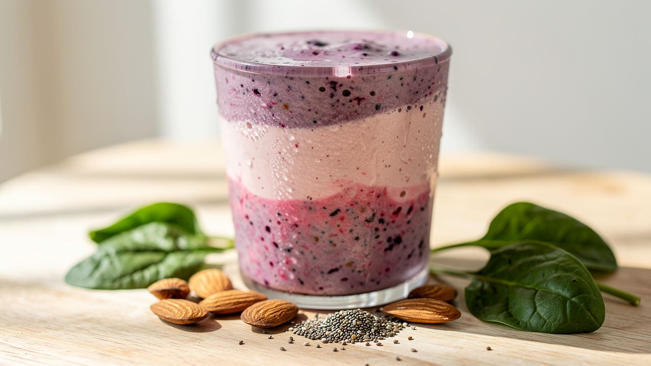 Gentle berry smoothie with nutritious plant ingredients