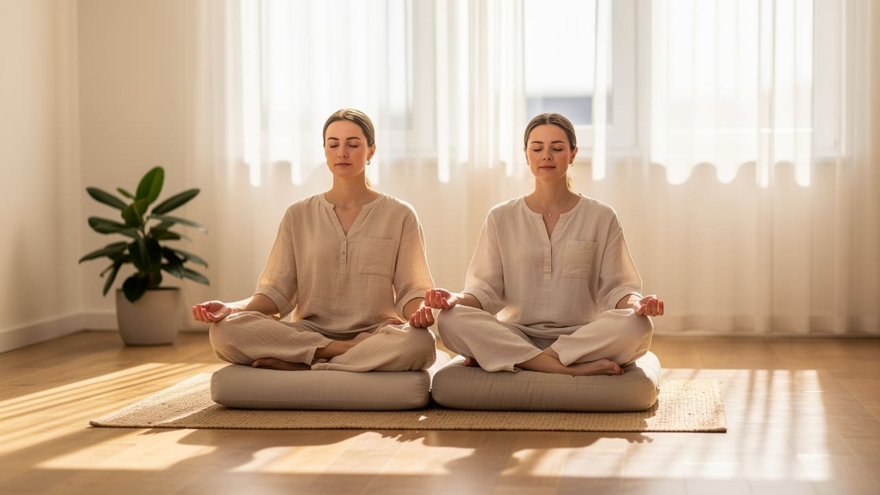 Two people meditating together in peaceful home setting