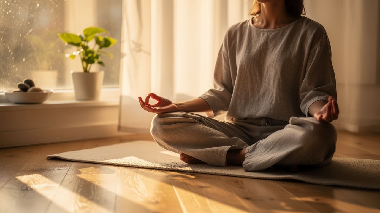 Cancer patient practicing mindfulness meditation by sunny window