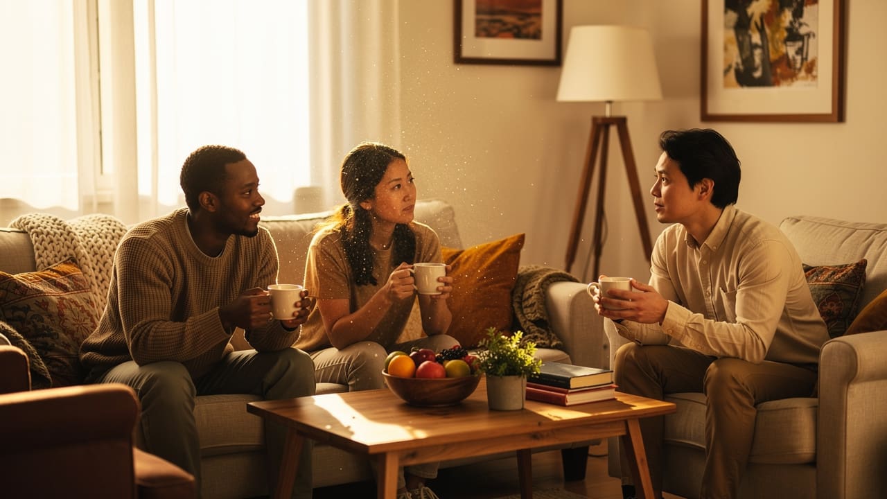 Diverse cancer support group sharing comfort in a warm living room