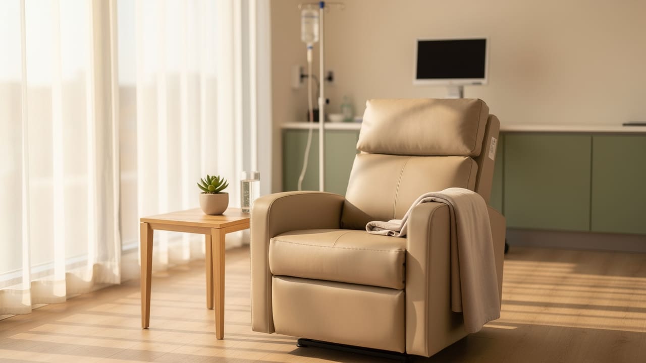 Peaceful modern oncology infusion room with natural lighting