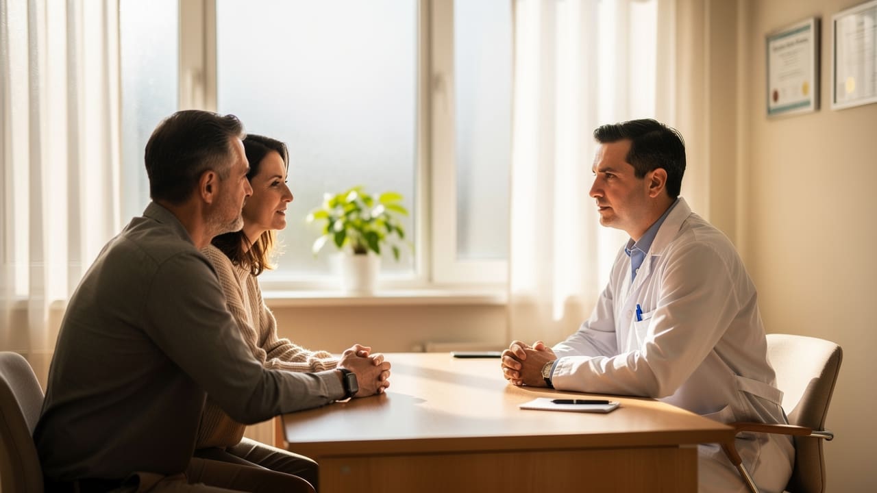 Patient and oncologist discussing cancer treatment options together