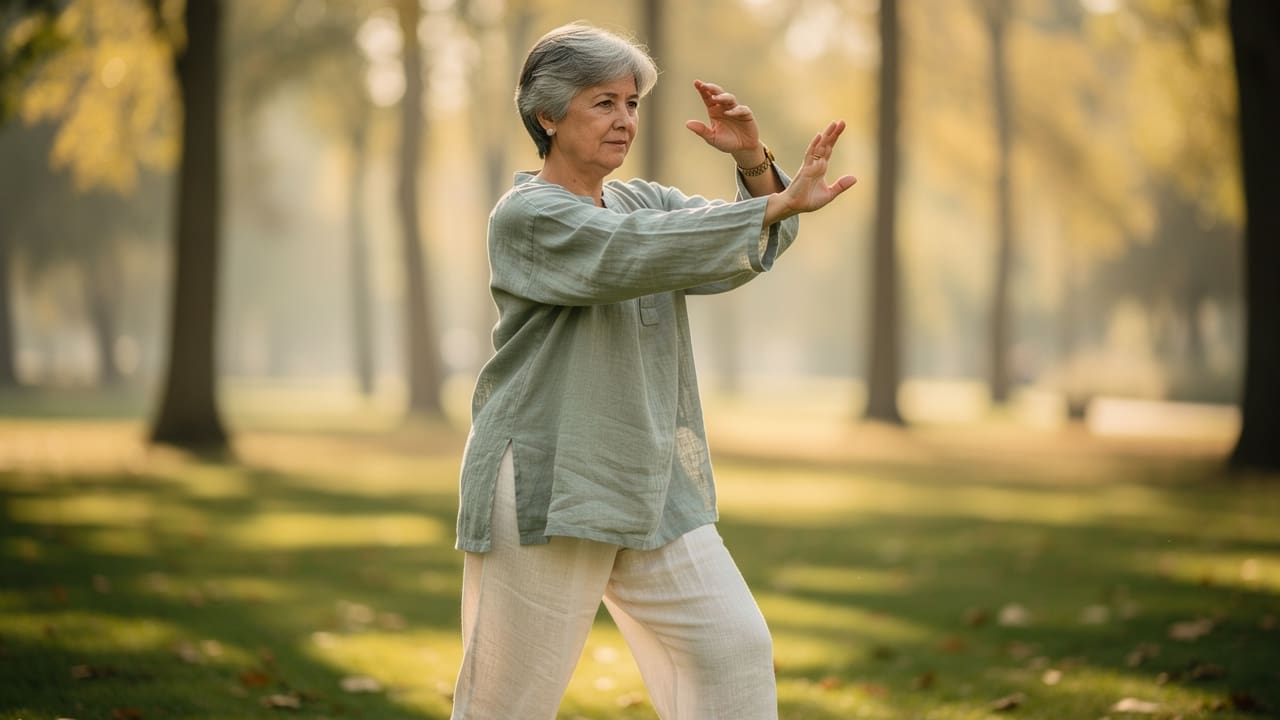 Woman practicing Tai Chi outdoors during cancer treatment