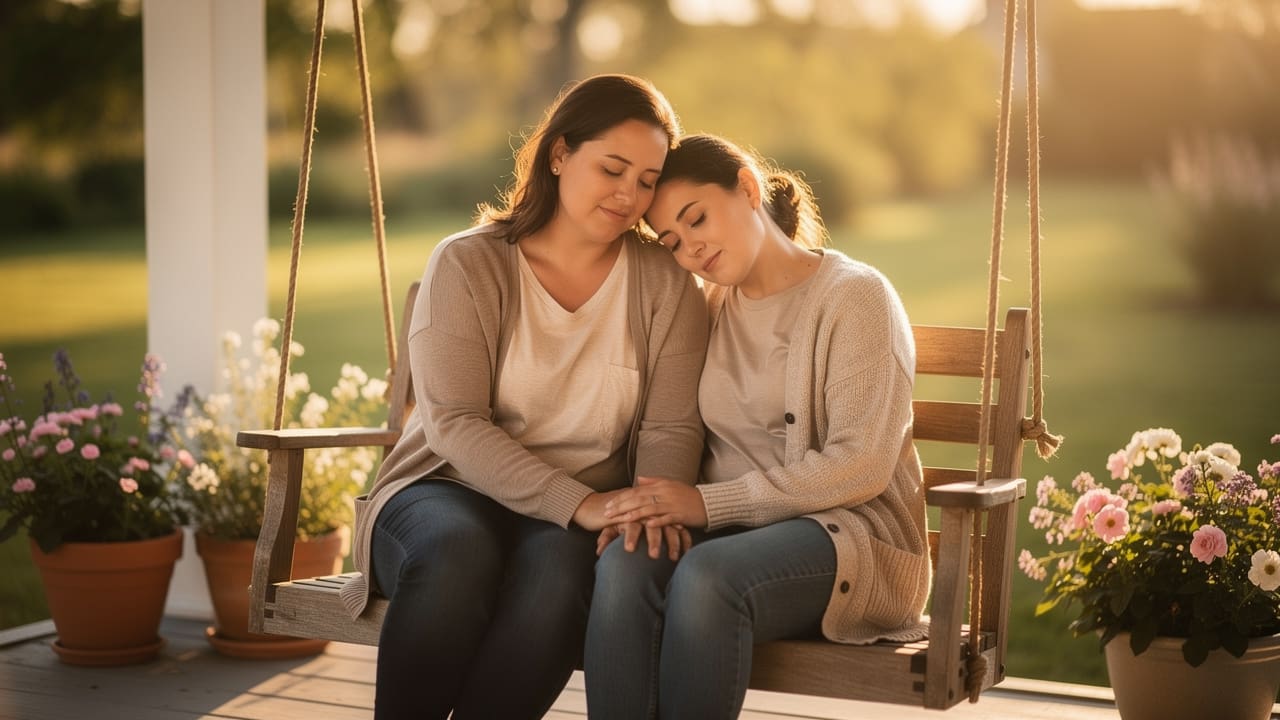 Two women sharing a peaceful moment of support and connection on porch