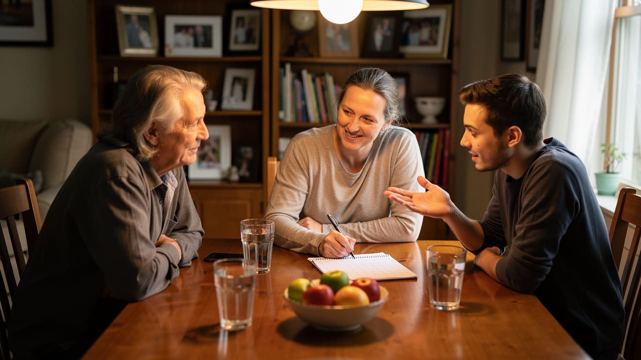 Family members communicating openly around dining table during cancer caregiving