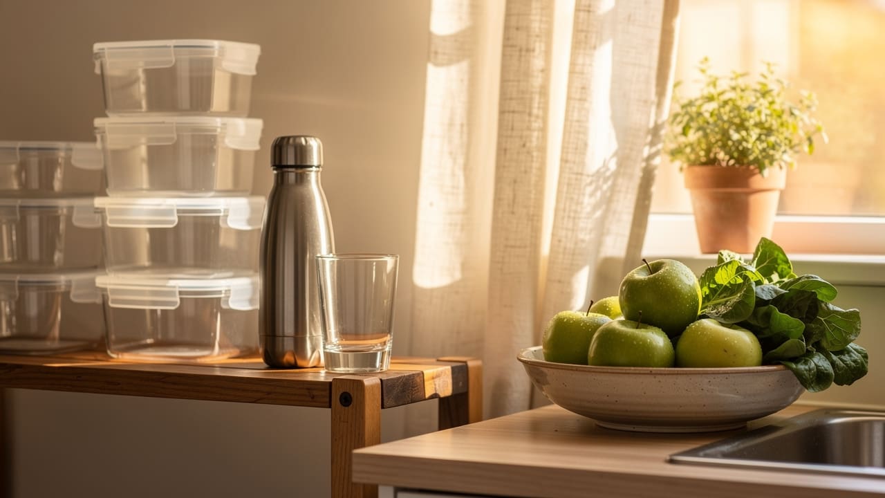 Glass containers and stainless steel bottles replacing plastic in kitchen