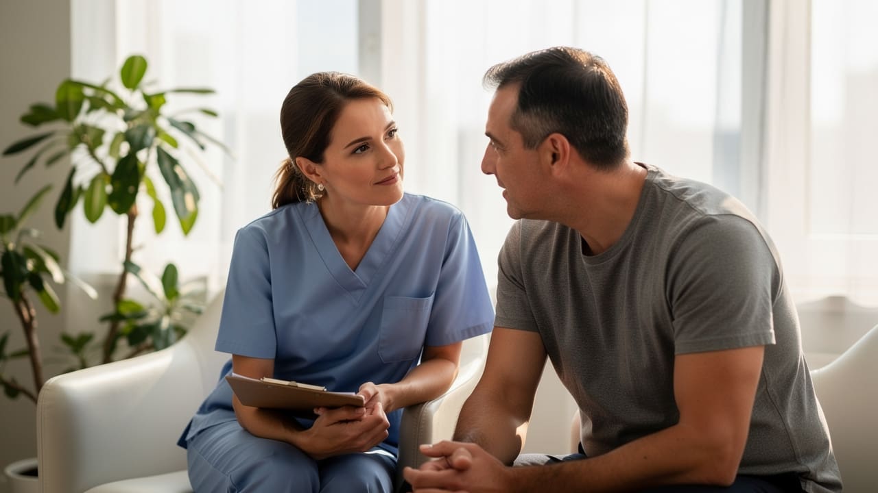 Healthcare professional consulting with cancer patient about movement